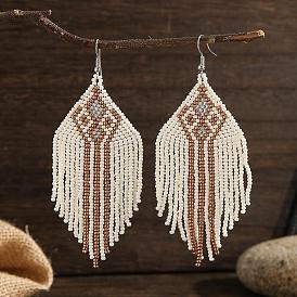 Bohemian Style Tassel Dangle Earrings, with Geometric Glass Beads Handmade Jewelry