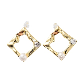Natural Pearl Rhombus Stud Earrings, Brass Earrings with 925 Sterling Silver Pins