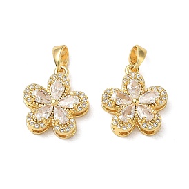 Brass Micro Pave Clear Cubic Zirconia Pendants, Flower Charms, Cadmium Free & Lead Free