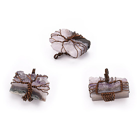 Natural Amethyst Pendants, Wire Wrapped Pendants, with Red Copper Brass Wires, Rectangle with Tree