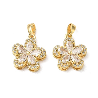 Brass Micro Pave Clear Cubic Zirconia Pendants, Flower Charms, Cadmium Free & Lead Free