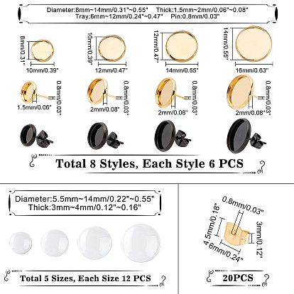 Unicraftale DIY Flat Round Stud Earring Making Kit, Including Transparent Glass Cabochons, Stainless Steel Stud Earring Settings, 304 Stainless Steel Ear Nuts