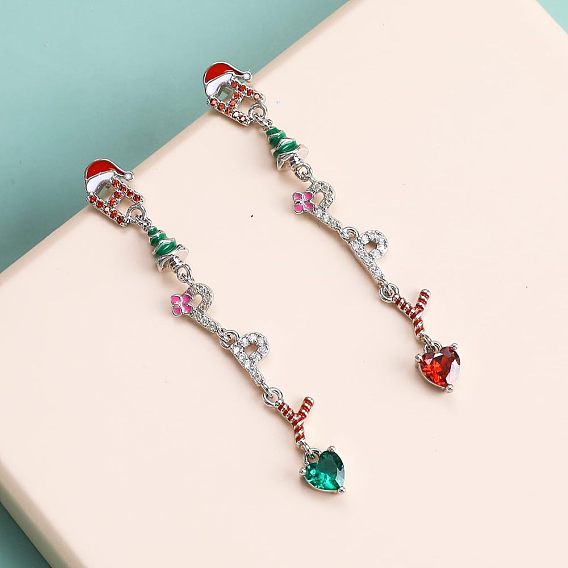 Серьги-гвоздики с эмалью и надписью «счастливая рождественская елка», со стразами