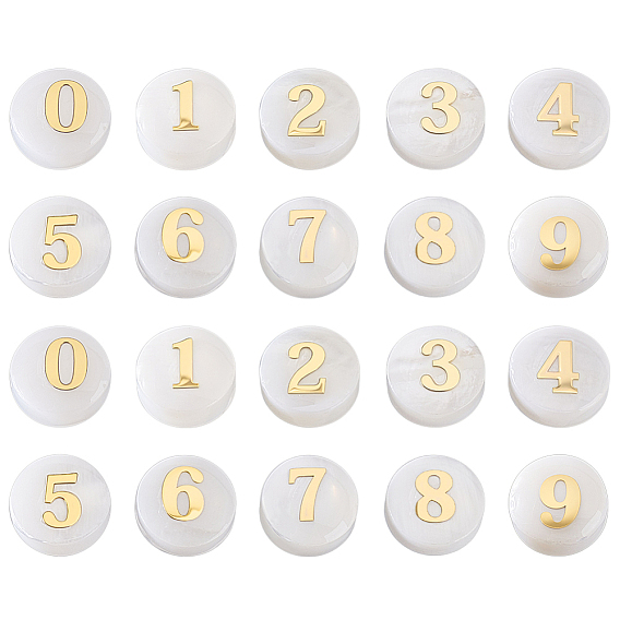 20 шт. 10 стили плоские круглые бусины из натуральной белой ракушки, с золотыми ломтиками эпоксидной смолы, число 0~9