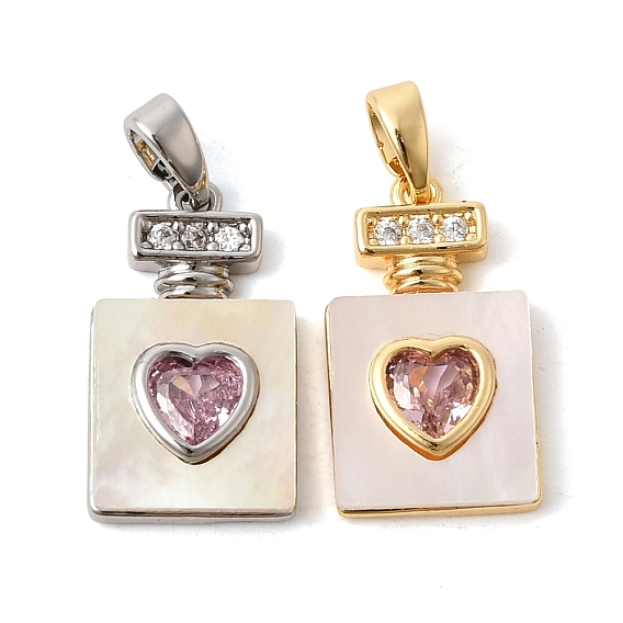 Природные подвески оболочки, Подвески в виде флакона духов в форме сердца с розовыми кубическими циркониями, инкрустированными латунью., цвет морской раковины