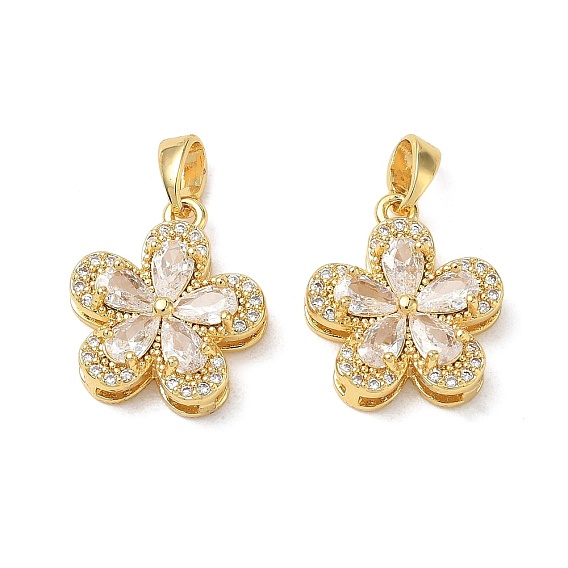 Brass Micro Pave Clear Cubic Zirconia Pendants, Flower Charms, Cadmium Free & Lead Free