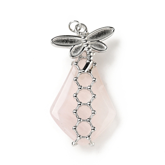 Natural Rose Quartz Pendants,  Teardrop Charm, with Stainless Steel Color Plated 304 Stainless Steel Dragonfly Findings and Jump Ring