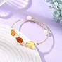 Oval Natural Amber and Pearl Cuff Bangles, Copper French Wire Open Bangles with Shell Pearl