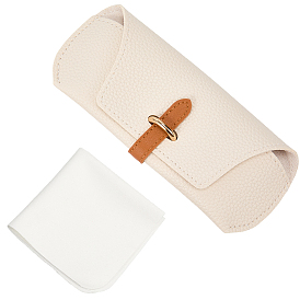 1прямоугольный чехол для очков из искусственной кожи, с пряжкой из светлого золотистого сплава и салфеткой для чистки очков из замшевого волокна.