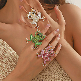 Alloy & Rhinestone & Imitation Pearl Finger Rings, Frog, Golden
