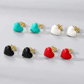 Chic Macaron Red Heart Earrings for Women, Minimalist Oil Drop Copper Gold Metal Cute Heart Studs