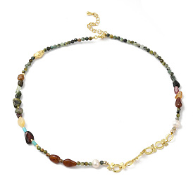 Natural Topaz Jade & Tourmaline Chips & Pearl Beaded Necklace, Brass Jewelry, Cadmium Free & Lead Free