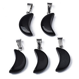 Spray Painted Glass Pendants, with Platinum Plated Brass Bails, Imitation Jade, Moon Charms