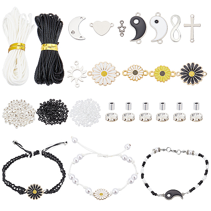 Kit de fabrication de bracelets pour couple, match yin yang, bricolage, y compris les perles de rocaille en verre, croix & infinity & soleil & étoile & fleur de marguerite connecteurs de liaison en acier inoxydable et alliage