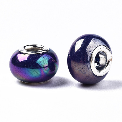 Resin European Beads, Large Hole Beads, Imitation Porcelain, with Platinum Plated Brass Core, AB Color Plated, Rondelle