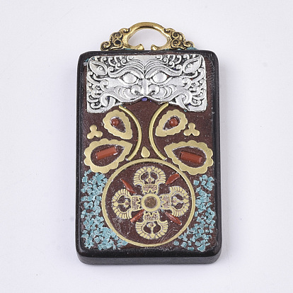 Thème de Bouddha fait main indonésie gros pendentifs, avec les accessoires en alliage, bois de santal et résine, argent doré et antique antique, rectangle
