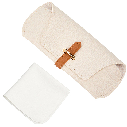 1прямоугольный чехол для очков из искусственной кожи, с пряжкой из светлого золотистого сплава и салфеткой для чистки очков из замшевого волокна.