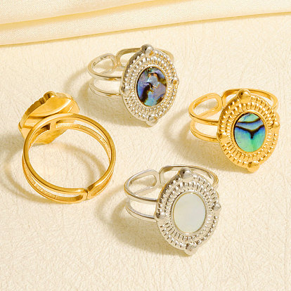 304 Открытые кольца-манжеты из нержавеющей стали с натуральными ракушками для женщин, овальные