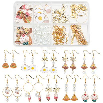 DIY Food Theme Dangle Earring Making Kit, Including French Fries & Cake & Ice-cream & Pizza & Eggs Alloy Enamel Pendants & Link Connectors, Brass Earring Hooks, Glass Pearl Beads