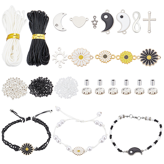 Kit de fabrication de bracelets pour couple, match yin yang, bricolage, y compris les perles de rocaille en verre, croix & infinity & soleil & étoile & fleur de marguerite connecteurs de liaison en acier inoxydable et alliage
