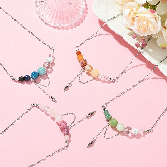 4Pcs 4 Styles Natural Mixed Stone Round Graduated Beaded Pendant 304 Stainless Steel Cable Chain Necklaces for Women, Mixed Color, Mixed Dyed and Undyed