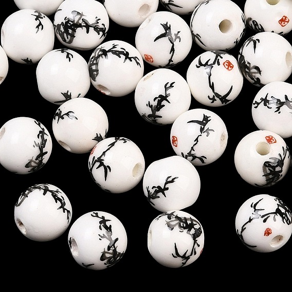 Floral Printed Porcelain Beads, Flower Patterned Ceramic Beads, Round