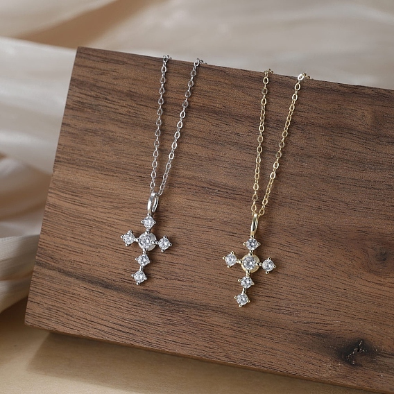 925 Sterling Silver Micro Pave 5A Clear Cubic Zirconia Pendants, Religion Cross Charms, without Necklace
