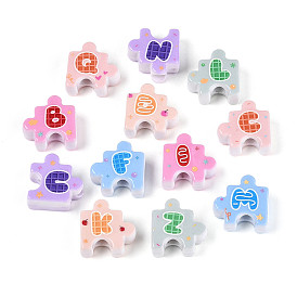 УФ-покрытие, непрозрачные, напечатанные, акриловые европейские бусины, радужный, головоломка с буквенным узором, бусина с большим отверстием и буквенным узором