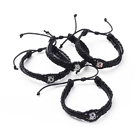 Unisex Adjustable Cord Bracelets, with Cowhide Cord, Waxed Cotton Cord, PU Leather Cord and Antique Silver Plated Alloy Rhinestone European Beads