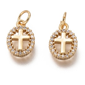 Brass Micro Pave Clear Cubic Zirconia Charms, Long-Lasting Plated, with Jump Ring, Oval with Cross