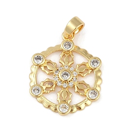 Brass Micro Pave Clear Cubic Zirconia Pendant, Round with Flower