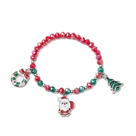 Christmas Tree & Santa Claus & Christmas Wreath Alloy Enamel Charm Bracelets, Faceted Glass Stretch Bracelets for Women