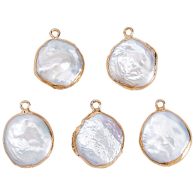 5шт. подвесок из натурального жемчуга кеши с гальваническим покрытием, плоские круглые, подвески из барочного жемчуга с культивированным пресноводным жемчугом, золотые