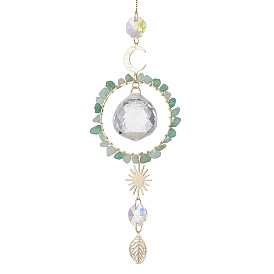 Подвесные ловцы солнца в форме капли из стекла с бусинами из натурального зеленого авантюрина., с латунными подвесками в виде луны, солнца и листьев., Подвесное украшение в виде призмы для дома и сада.