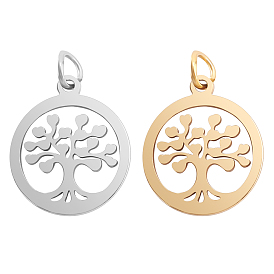 BENECREAT 16Pcs 2 Colors 201 Stainless Steel Pendants, with Unsoldered Jump Rings, Flat Round with Tree of Life