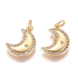 Brass Micro Pave Cubic Zirconia Pendants, with Jump Ring, Long-Lasting Plated, Moon with Star
