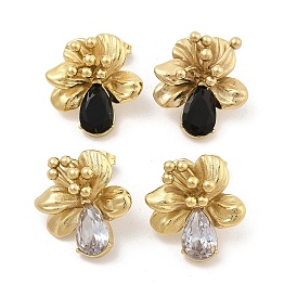 PVD Vacuum Plating Golden 304 Stainless Steel Stud Earrings for Women, Rhinestone Flower Earrings