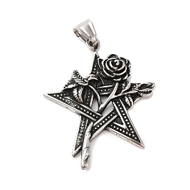 304 Stainless Steel Big Pendants, Star with Rose Charm