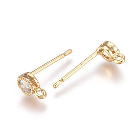 Brass Micro Pave Cubic Zirconia Stud Earring Findings, with Loop, Long-Lasting Plated, Real 18K Gold Plated, Nickel Free, Flat Round
