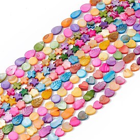 10 Strands Colorful Natural Freshwater Shell Dyed Beads Strands, Leaf & Teardrop & Heart, Mixed Shapes