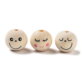 Printed Wood Beads, Round with Smiling Face, Undyed