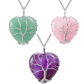 Natural Gemstone Tree of Life Pendants, Heart Charms with Platinum Alloy Wire Wrapped Tree