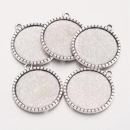 Tibetan Style Flat Round Alloy Pendant Cabochon Settings, Cadmium Free & Lead Free, Tray: 25mm, 32x28.5x2.5mm, Hole: 3mm, about 238pcs/1000g