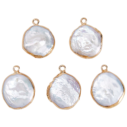 5шт. подвесок из натурального жемчуга кеши с гальваническим покрытием, плоские круглые, подвески из барочного жемчуга с культивированным пресноводным жемчугом, золотые