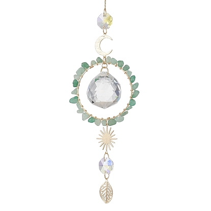 Подвесные ловцы солнца в форме капли из стекла с бусинами из натурального зеленого авантюрина., с латунными подвесками в виде луны, солнца и листьев., Подвесное украшение в виде призмы для дома и сада.