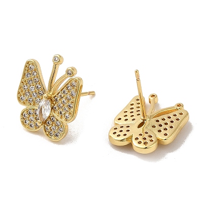 Rack Plating Real 18K Gold Plated Brass Butterfly Stud Earrings, with Cubic Zirconia and Rhinestone, Long-Lasting Plated, Lead Free & Cadmium Free