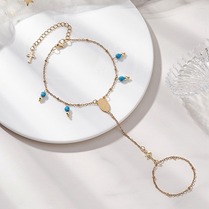 304 Браслеты из нержавеющей стали с синтетическими и натуральными драгоценными камнями для женщин, овал с девой марии и крестом