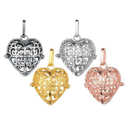Brass Hollow Heart Cage Pendants, For Chime Ball Pendant Necklaces Making, Lead Free & Nickel Free & Cadmium Free, 27.5x27mm, Hole: 3.5x8mm