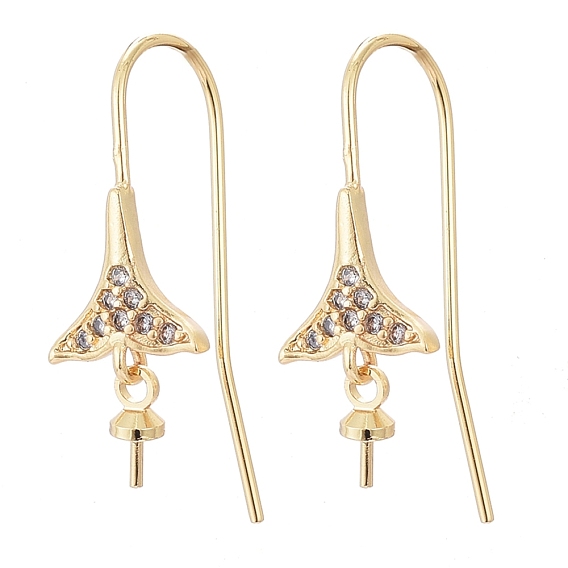 Brass Micro Pave Cubic Zirconia Earring Hooks, for Half Drilled Beads, Long-Lasting Plated, Whale Tail Shape