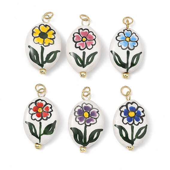 Подвески ручной работы из фарфора и нержавеющей стали, овал с подвесками в виде цветов, с целью перехода в кольце, золотые